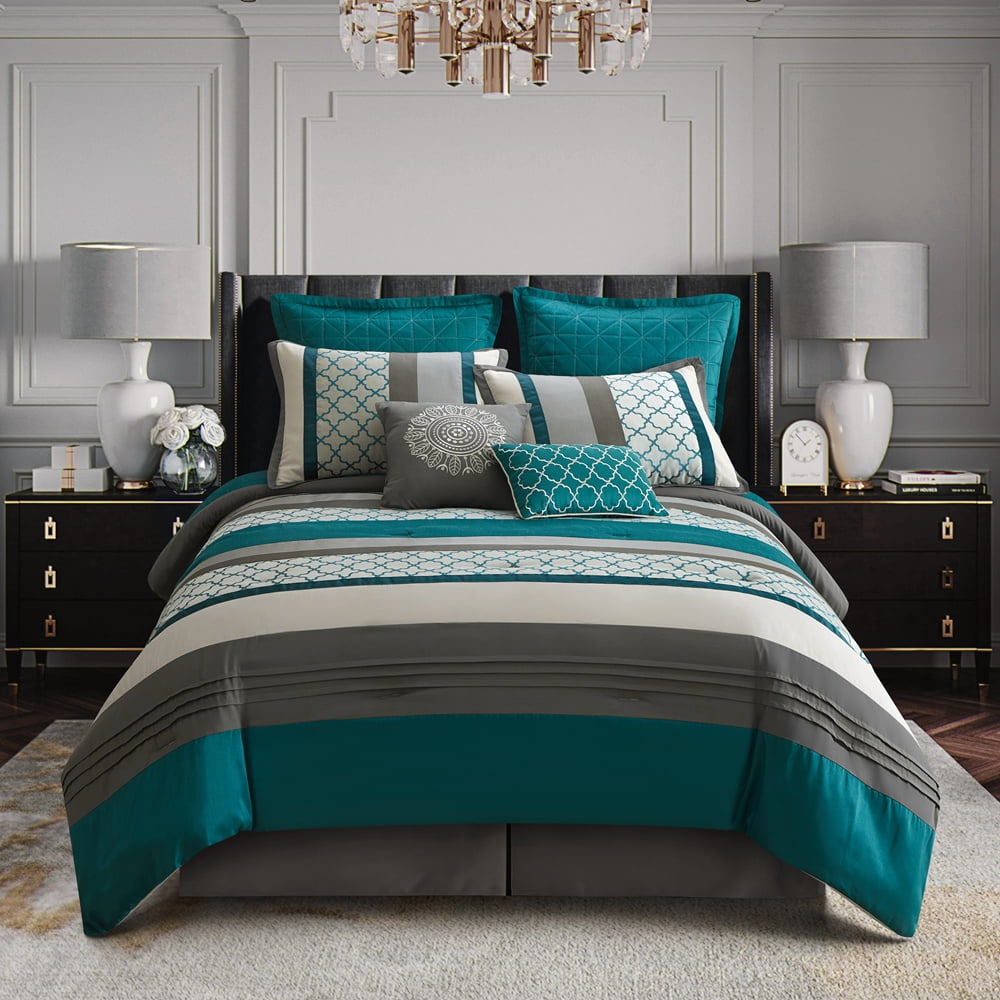Lanco Moroccan Peacock Teal Turquoise 8 Piece Comforter Set Grey