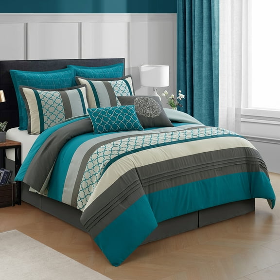 Lanco Moroccan Peacock/Teal/Turquoise 8-Piece Comforter Set, Grey, King, Striped/Geometric Patchwork