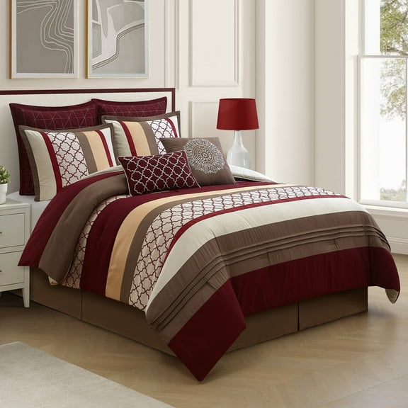 Lanco Moroccan Taupe/Red Berry/Gold, 8-Piece Comforter Set, California King, Striped/Geometric