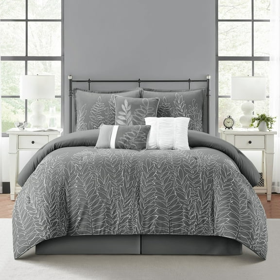 Lanco Natalie Floral 7-Piece Bedding Comforter Set, Grey, Bed Size California King, Fill Polyester, Leaves
