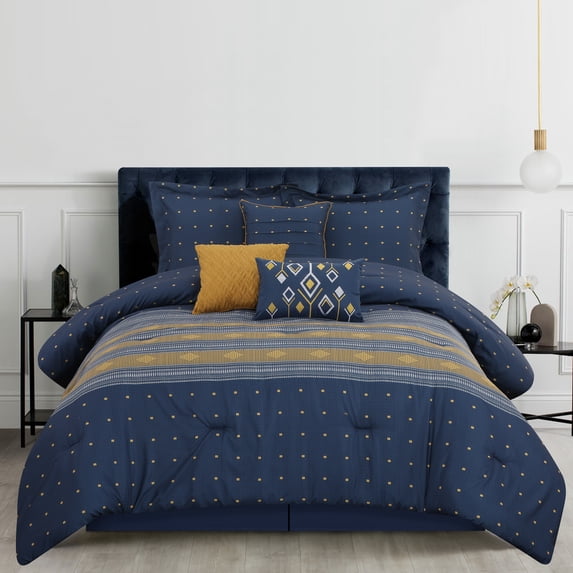 Lanco Navy Geometric Comforter Set , King Size , 7 Piece Microfiber Print Modern Bedding Set