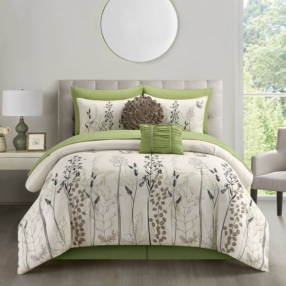 Lanco Olive Floral 10 Piece Comforter Set Green/White, Bed Size Queen, Fill Polyester