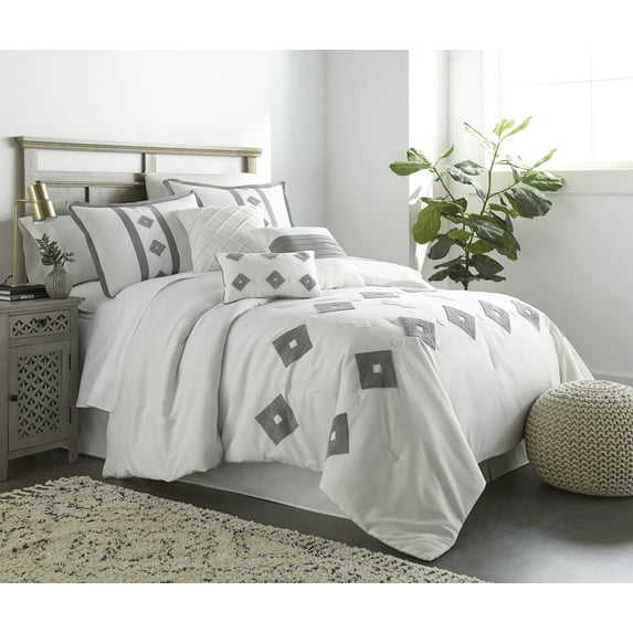 Lanco Olivia Diamond 7-Piece Comforter Set, White, California King, 100% Polyester Fill