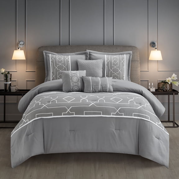 Lanco Pagoda Geometric 6 Piece Comforter Set Grey, Bed Size King, 100% Polyester Fill