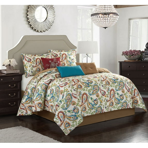 Lanco Paisley Floral 7-Piece Comforter Set, White Blue Brown, California King, Fill Polyester, Abstract
