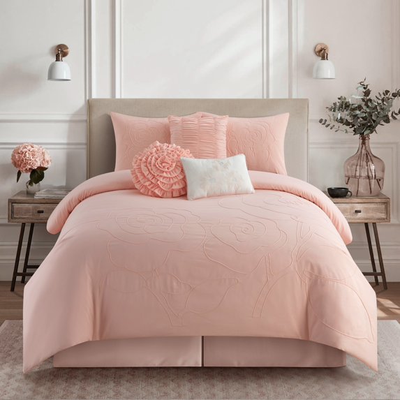 Lanco Pink Comforter Set California King Size , 7 Pieces Invisible Embroidery Bedding Set , Floral Design , Solid Color