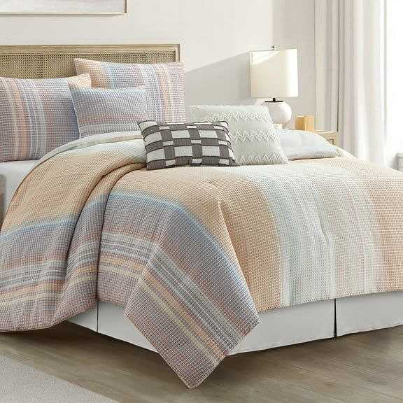Lanco Pink Waffle Jacquard Comforter Set Queen Size, 7 Piece Striped Bedding Set, All Season Home Decor, Matching Pillow Shams, Bedskirt, Decorative Pillows