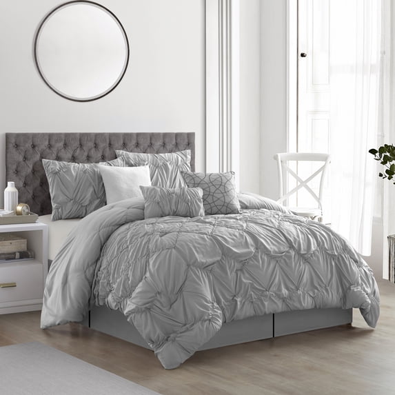 Lanco Pintuck Embellished 7 Piece Comforter Set Grey Gray Bed Size Queen, 100% Polyester Fill
