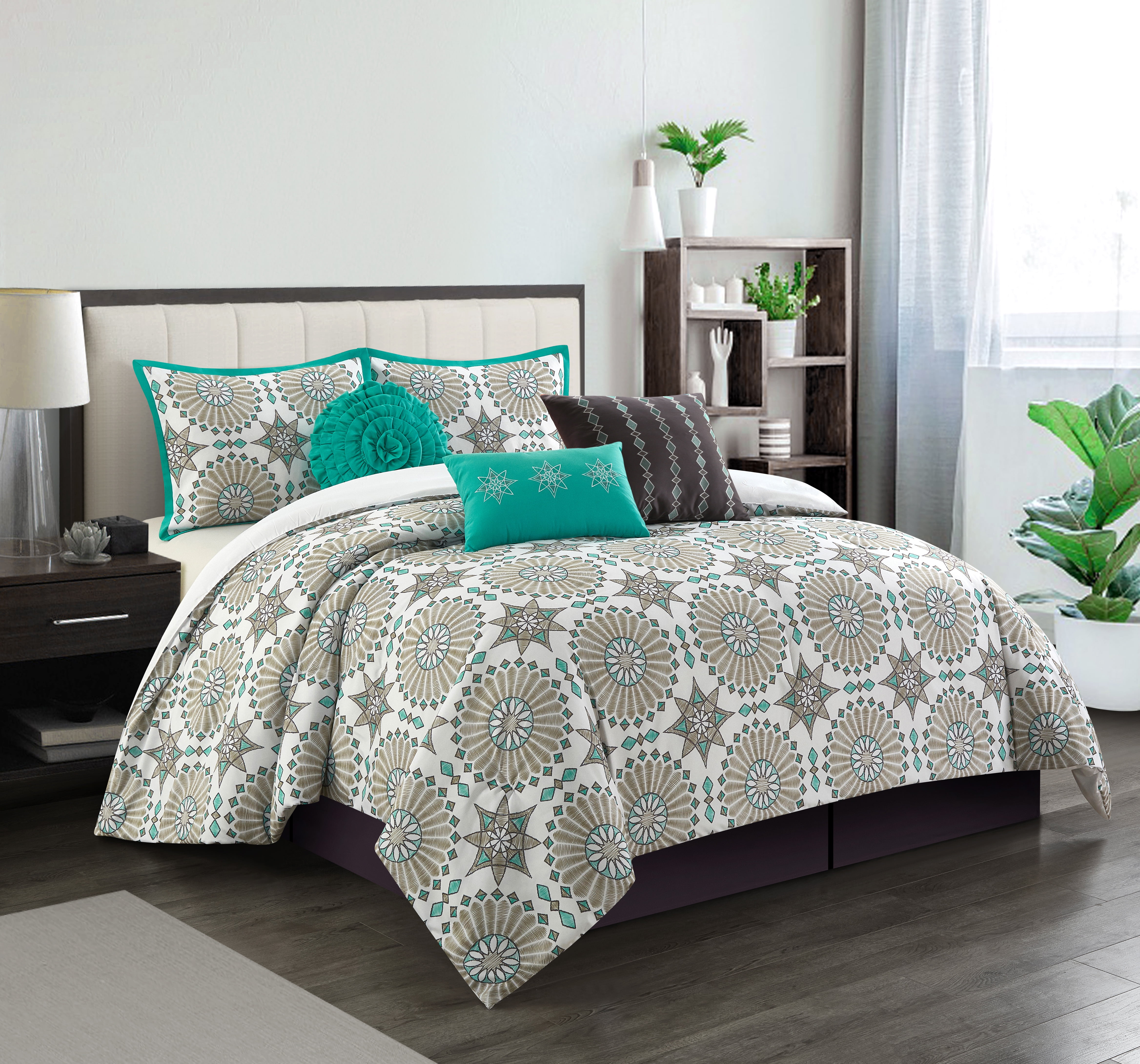 Lanco Piper Jacquard 7 Piece Comforter Bedding Set, Multi-Color, Queen, Fill Polyester, Abstract