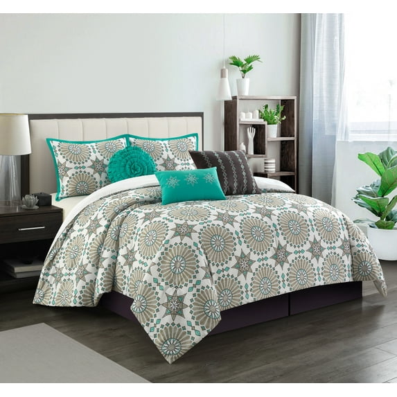 Lanco Piper Jacquard 7 Piece Comforter Bedding Set, Multi-Color, Queen, Fill Polyester, Abstract