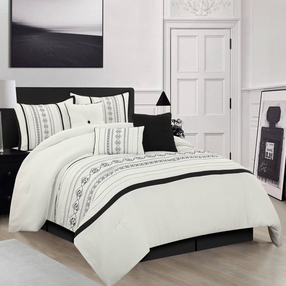 Lanco Pleated Striped 7 Piece Comforter Set, White, Queen, Geometric, 100% Polyester & Fill, Embroidery All Season Premium Bedding Set