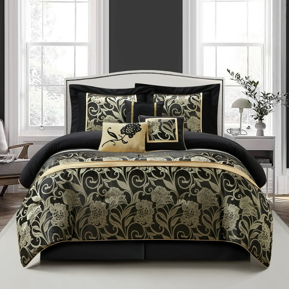 Lanco Polyester Comforter Set, Full, Black, 7-Pieces