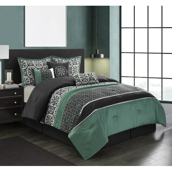 Lanco Polyester Comforter Set, Queen, Gray, Green, 7-Pieces, Fill Polyester, Geometric