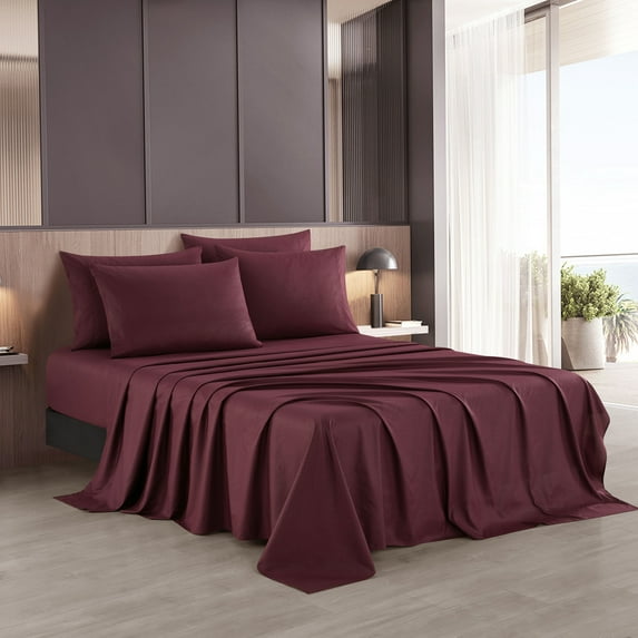 Lanco Premium Luvelle 6 Piece Sheet Set, Bed Size: King, 100% Microfiber, Solid Color, Wine, Set Includes: (1) Flat Sheet, (1) Fitted Sheet, (4) Pillow Case
