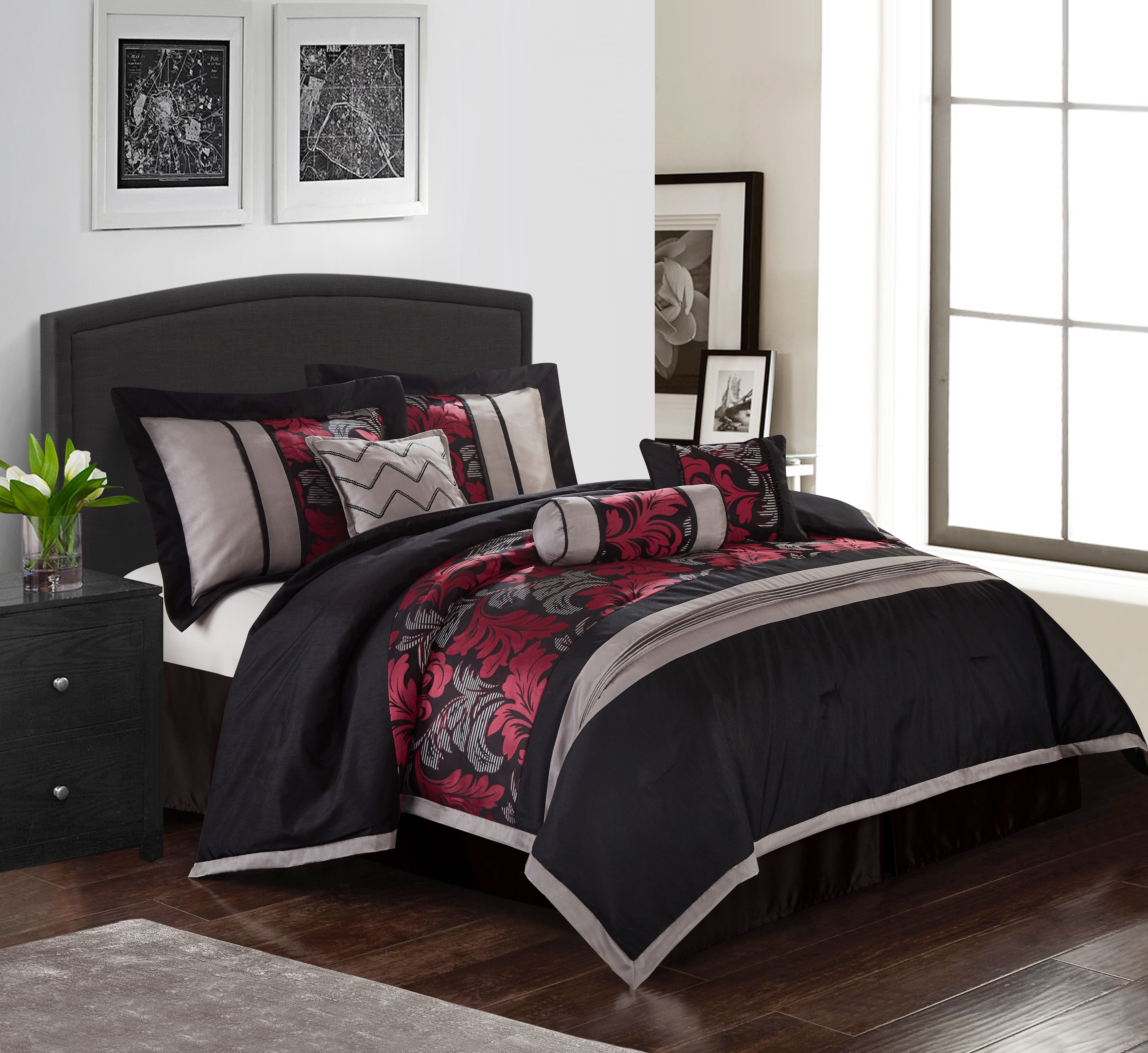 Lanco Printed Polyester 7 Piece Comforter Sets Queen Black All