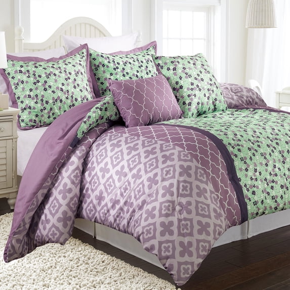 Lanco Purple Floral 5-Piece Reversible Comforter Set, Lavender, Full/Queen, 100% Polyester Fill