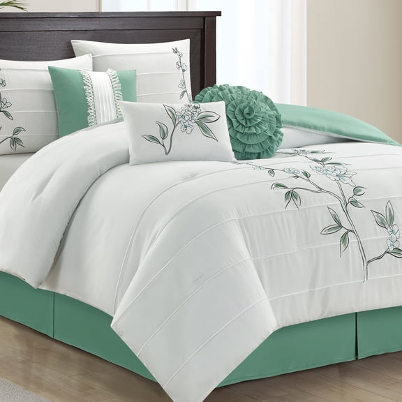 Lanco Queen Damask 7 Piece Comforter Set, Green, King, Floral, Fill Polyester, Embroidery