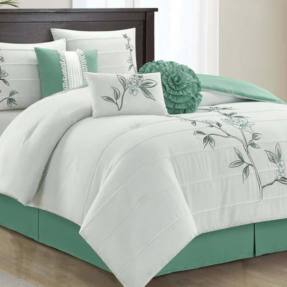 Lanco Queen Floral 7 Piece Comforter Set, Green, Queen, Fill Polyester, Floral