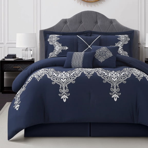 Lanco Rayol Mason Damask 7 Piece King Comforter Set, Navy, Chain Stitching Embroidery Ultra Soft,Patchwork, 100% Polyester & Fill