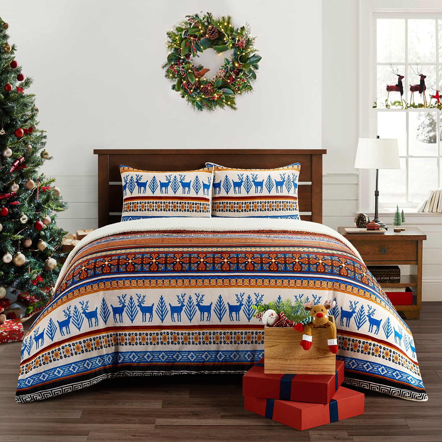 Lanco Reindeer 3 Piece Christmas Comforter Set with Sherpa Reverse, Bed