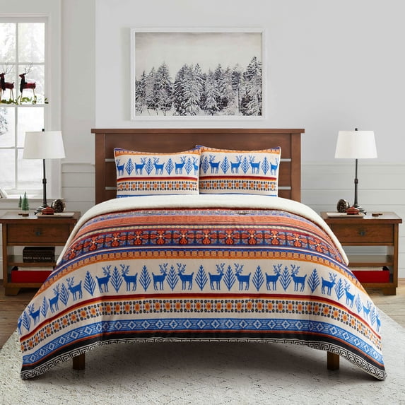 Lanco Reindeer 3 Piece Comforter Set with Sherpa Reverse, Bed Size: Queen, Flannel Print, Elk, Red/Blue