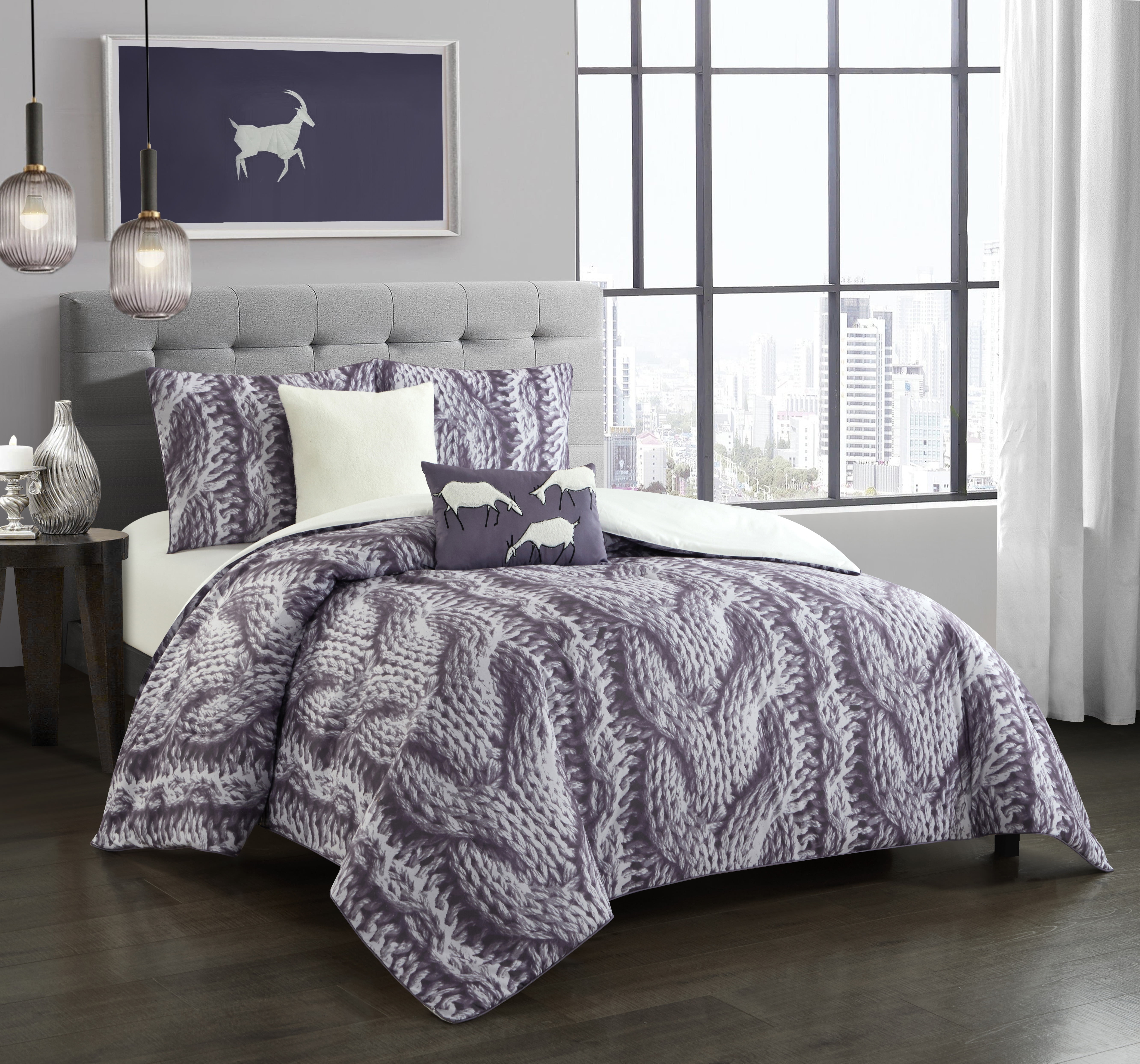 King Purple Microfiber Reversible Comforter Set with Knitted Design