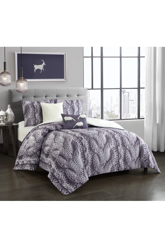 Riley Animal Print 5-Piece Comforter Set, Purple, King, 100% Polyester Fill,Premium Lightweight Microfiber