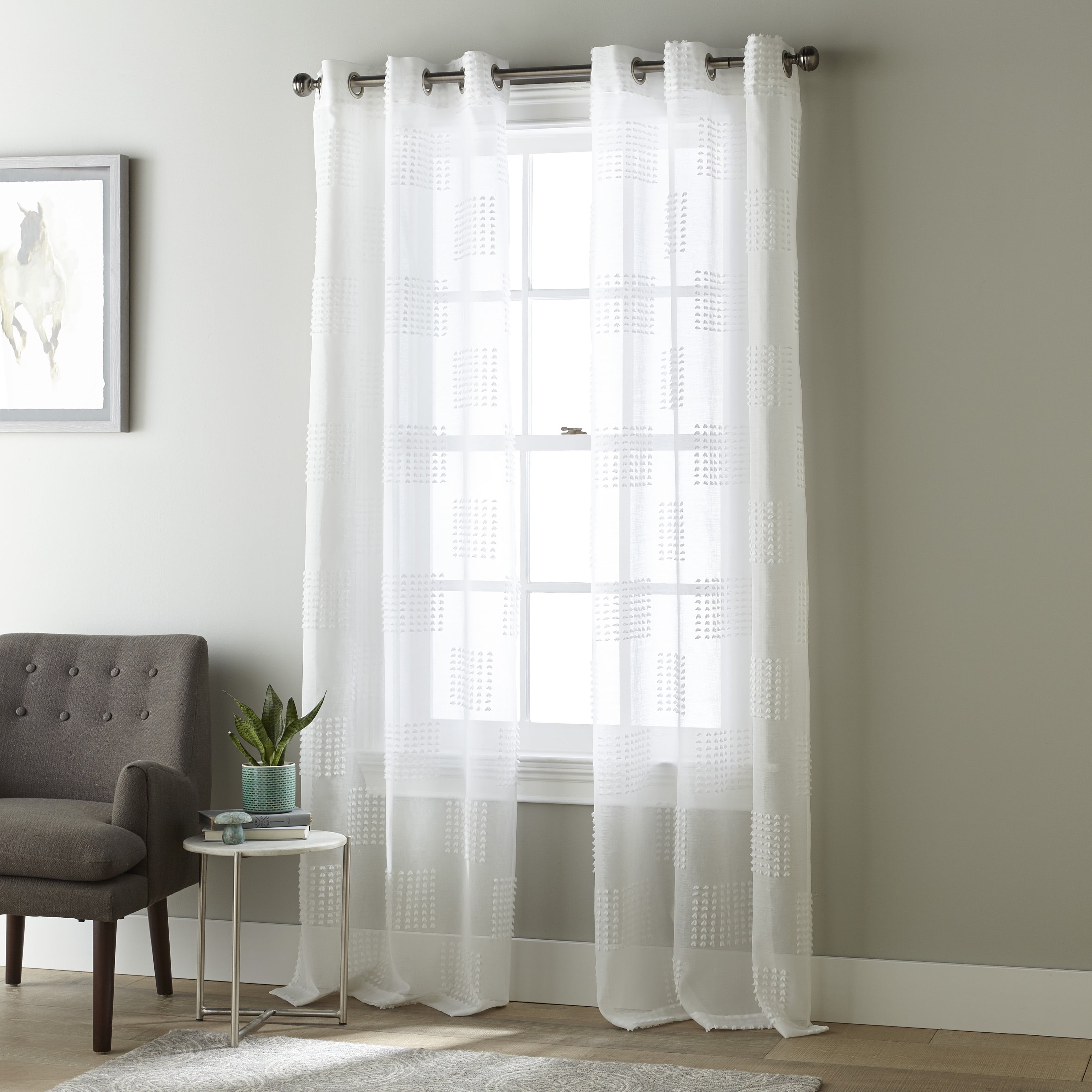 White Sheer Grommet Polyester Window Curtain Panel Pair