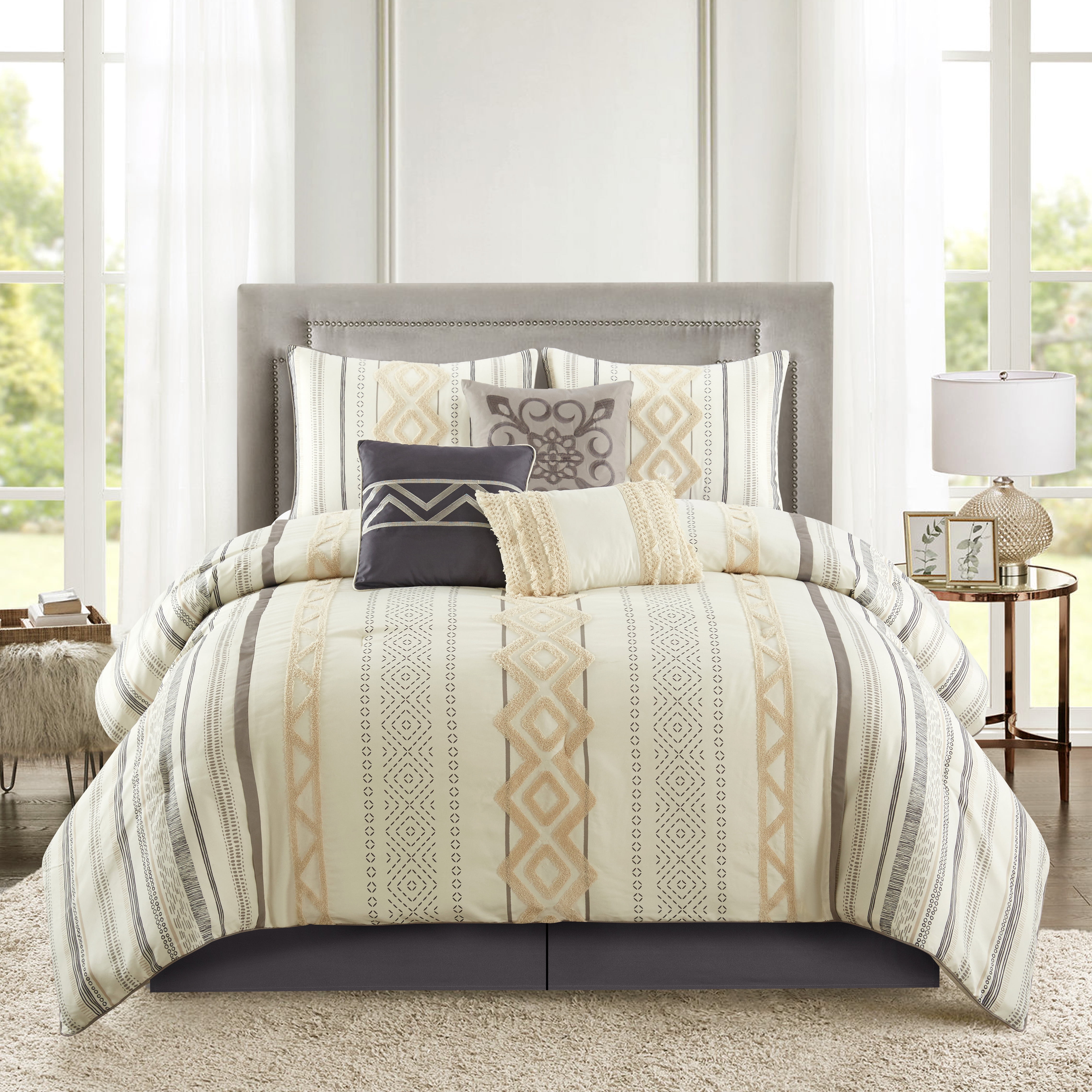 Ivory and Beige Geometric King Comforter Set with Embroidery