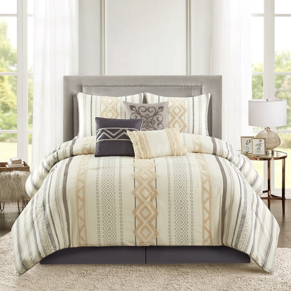Lanco Royal Amar 7 Piece Comforter Bedding Set, Beige Ivory Grey, Bed Size California King, Geometric Prints, 100% Polyester