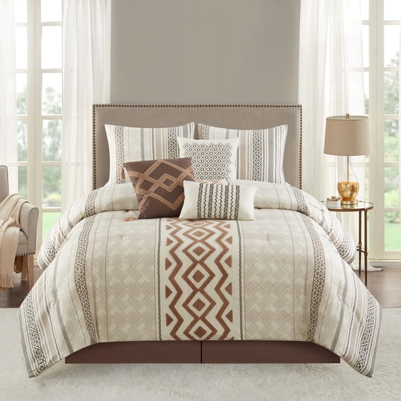 Lanco Royal Sana 7 Piece Comforter Bedding Set, Beige/Ivory/Taupe, Bed Size King, Geometric Prints, 3D Terry Embroidery