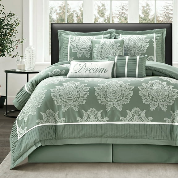 Lanco Sage 7 Piece Comforter Set King Size, Jacquard with Matching Solid Piecework Bedding Set, All Season, Matching Bedskirt, Pillows & Shams