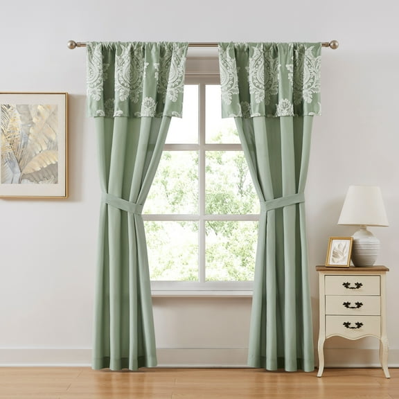 Lanco Sage Curtain 42Wx84L+20, Rod Pocket Window Curtains for Bedroom Living Room, 2 Panels, Panels with Attached Jacquard valances