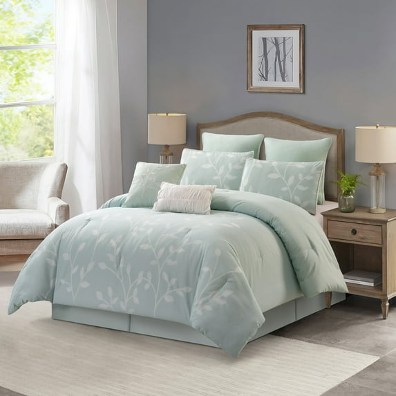 Lanco Sage Jacquard Comforter Set Queen Size, 8 Piece Leaves Bedding Set, All Season Home Decor, Matching Pillow Shams, Bedskirt, Decorative Pillows