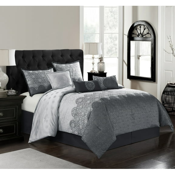 Lanco Sally Jacquard 7-Piece Comforter Set, Grey, Queen, Fill Polyester, Abstract