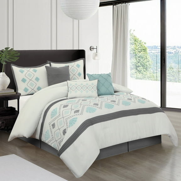 Lanco Seafoam Powder 7 Piece California King Comforter Set, Blue,Terry Embroidery, Fan-shaped, 100% Polyester & Fill