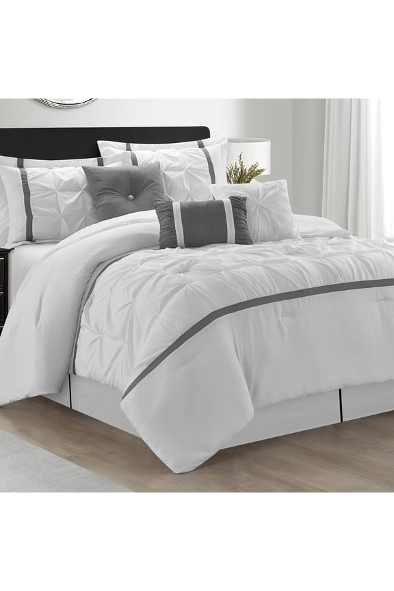 Selene Solid Print 7 Piece Queen Comforter Set , White, Fill Polyester, Patchwork, Premium Lightweight Microfiber