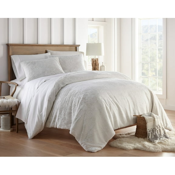 Lanco Serena Faux Fur Solid 3-Piece Comforter Set, White, Queen, 100% Polyester Fill