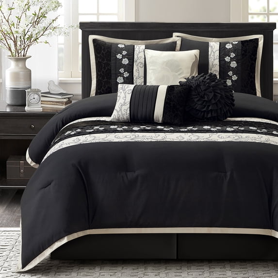Lanco Silhouette Rose Floral Black 7-Piece Comforter Set, King, Embroidered