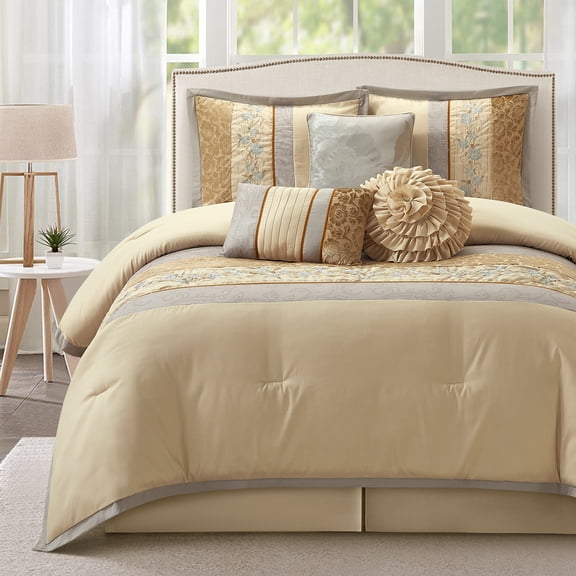 Lanco Silhouette Rose Floral Light Gold/Beige 7-Piece Comforter Set, King, Embroidered