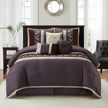Lanco Silhouette Rose Floral Purple 7-Piece Comforter Set, California King, Embroidered