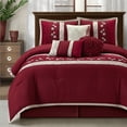 thumbnail image 1 of LANCO MODERN LIFESTYLE Wine Comforter Set King Size, 7 Piece Bedding Set for All Seasons, Elegant Microfiber Embroidery Floral, Bedskirt, Shams and Decor Pillows, 1 of 7
