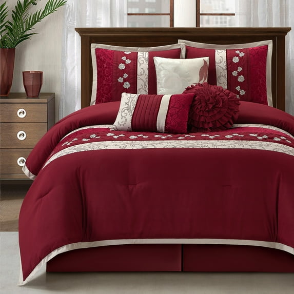 LANCO MODERN LIFESTYLE Wine Comforter Set King Size, 7 Piece Bedding Set for All Seasons, Elegant Microfiber Embroidery Floral, Bedskirt, Shams and Decor Pillows
