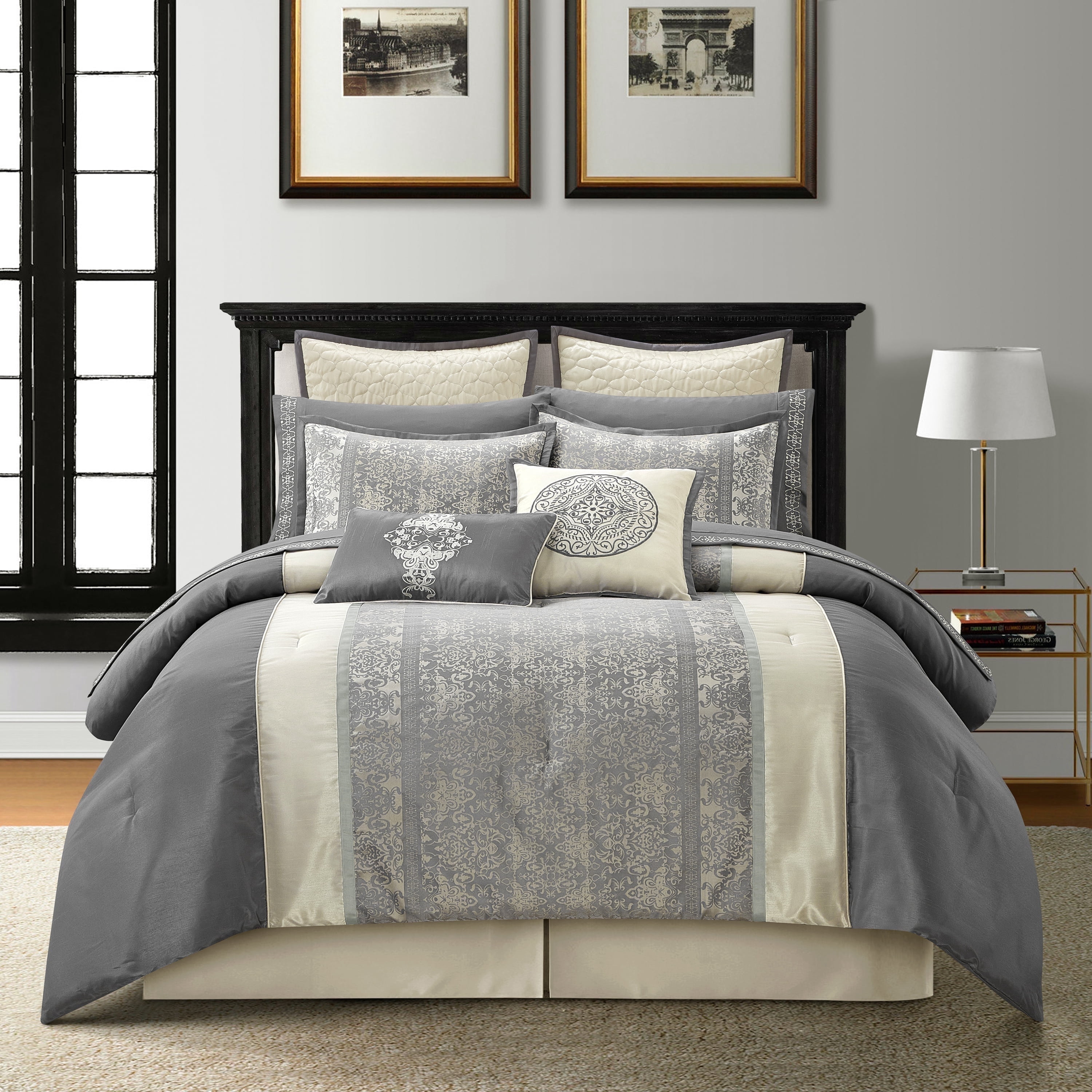Lanco Silver & Ivory Comforter Set Queen Size, Classic Jacquard Bedding ...