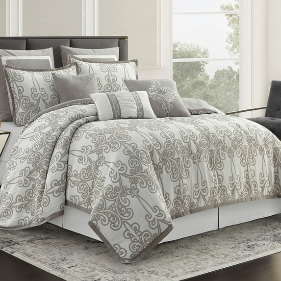Lanco Smoke Grey Comforter Set California King Size, 9 Piece Jacquard Floral Bedding Set, All Season, Ultra-Soft, Matching Pillows & Shams, Bed Skirt