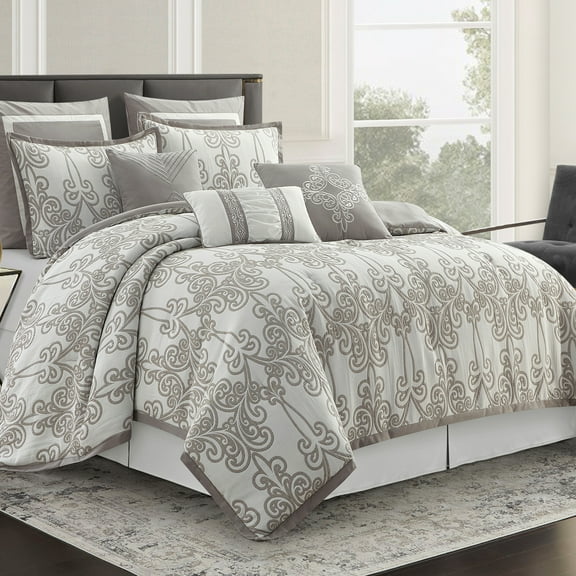 Lanco Smoke Grey Comforter Set King Size, 9 Piece Jacquard Floral Bedding Set, All Season, Ultra-Soft, Matching Pillows & Shams, Bed Skirt