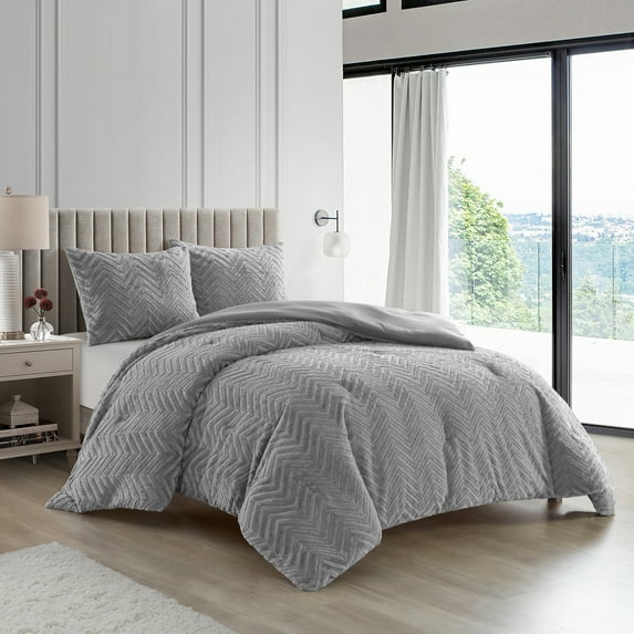 Lanco Soft Chevron 3 Piece Comforter Set Grey, Bed Size Queen, Fill Polyester, Solid Color