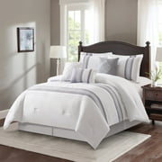 Lanco Striped 7 Piece Grey White Comforter Set , California King Size Microfiber Bedding , All Season Bedding Set , Bed Skirt, Pillows & Shams