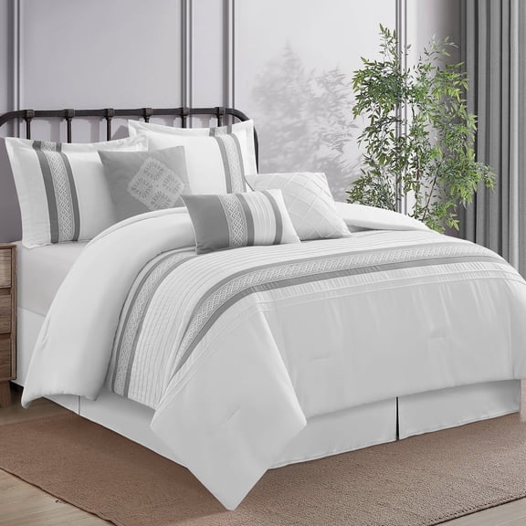 Lanco Striped 7 Piece Grey White Comforter Set , Queen Size Microfiber Bedding , All Season Bedding Set , Bed Skirt, Pillows & Shams