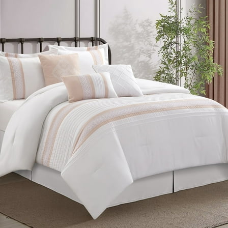Lanco Striped 7 Piece Pink White Comforter Set , Queen Size Microfiber Bedding , All Season Bedding Set , Bed Skirt, Pillows & Shams